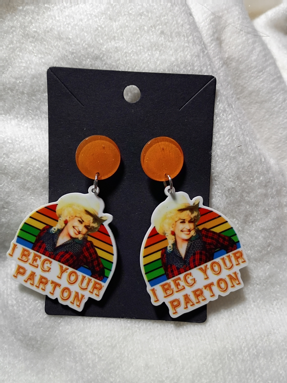 Dolly Parton 'I Beg Your Parton' Rainbow Earrings Orange Glitter Posts Cowgirl